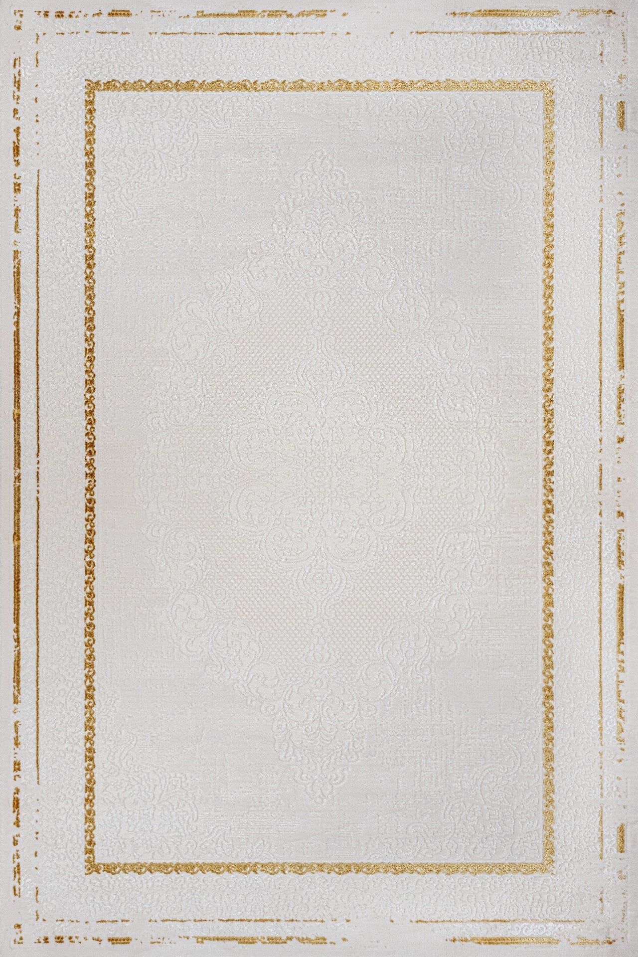 Beyaz Gold Bordürlü Minimalist Halı - Yıkanabilir - Kaymaz Taban - Pati Dostu