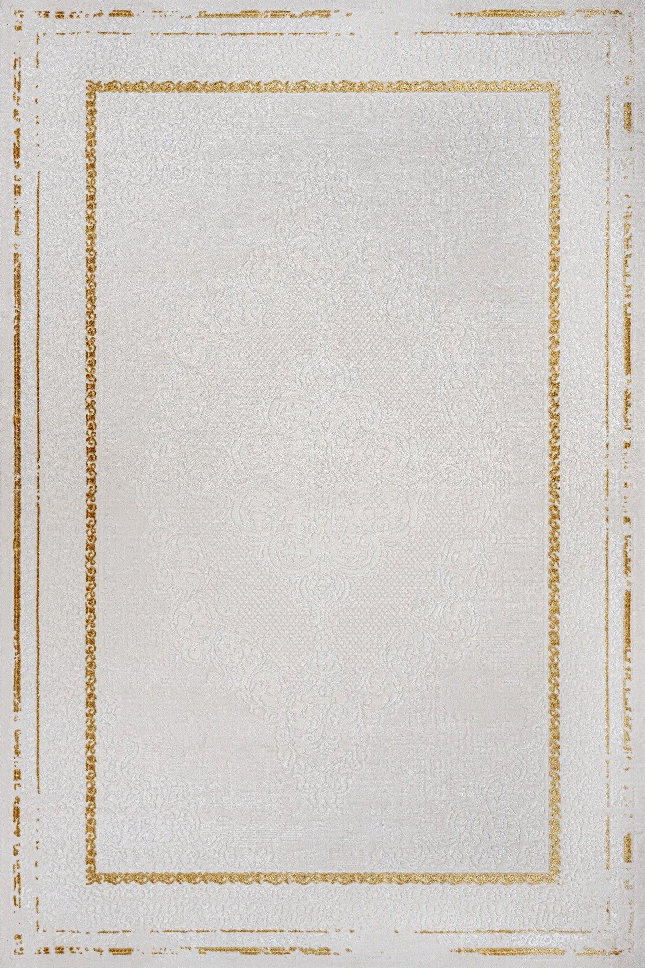 Beyaz Gold Bordürlü Minimalist Halı - Yıkanabilir - Kaymaz Taban - Pati Dostu