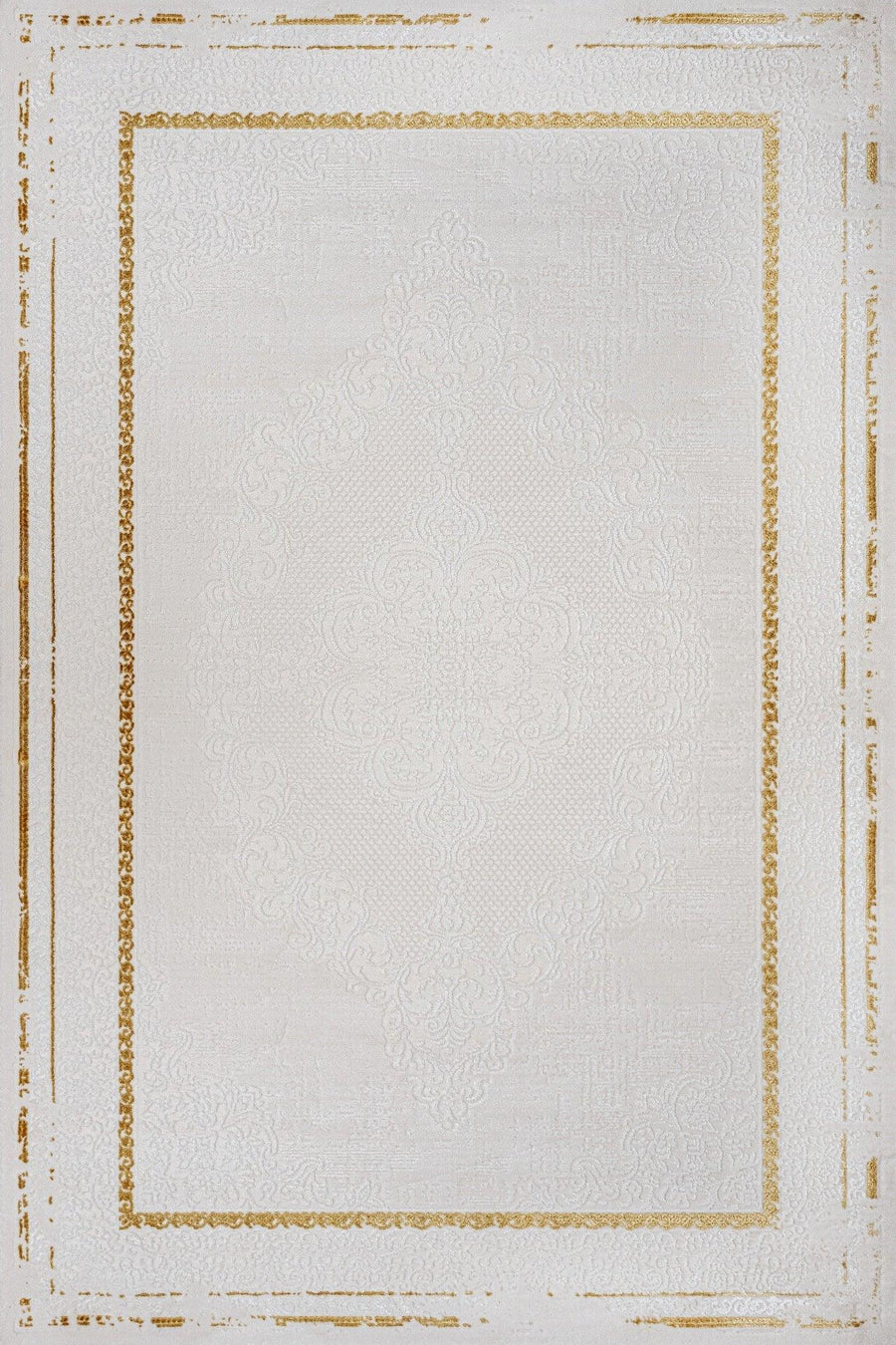Beyaz Gold Bordürlü Minimalist Halı - Yıkanabilir - Kaymaz Taban - Pati Dostu