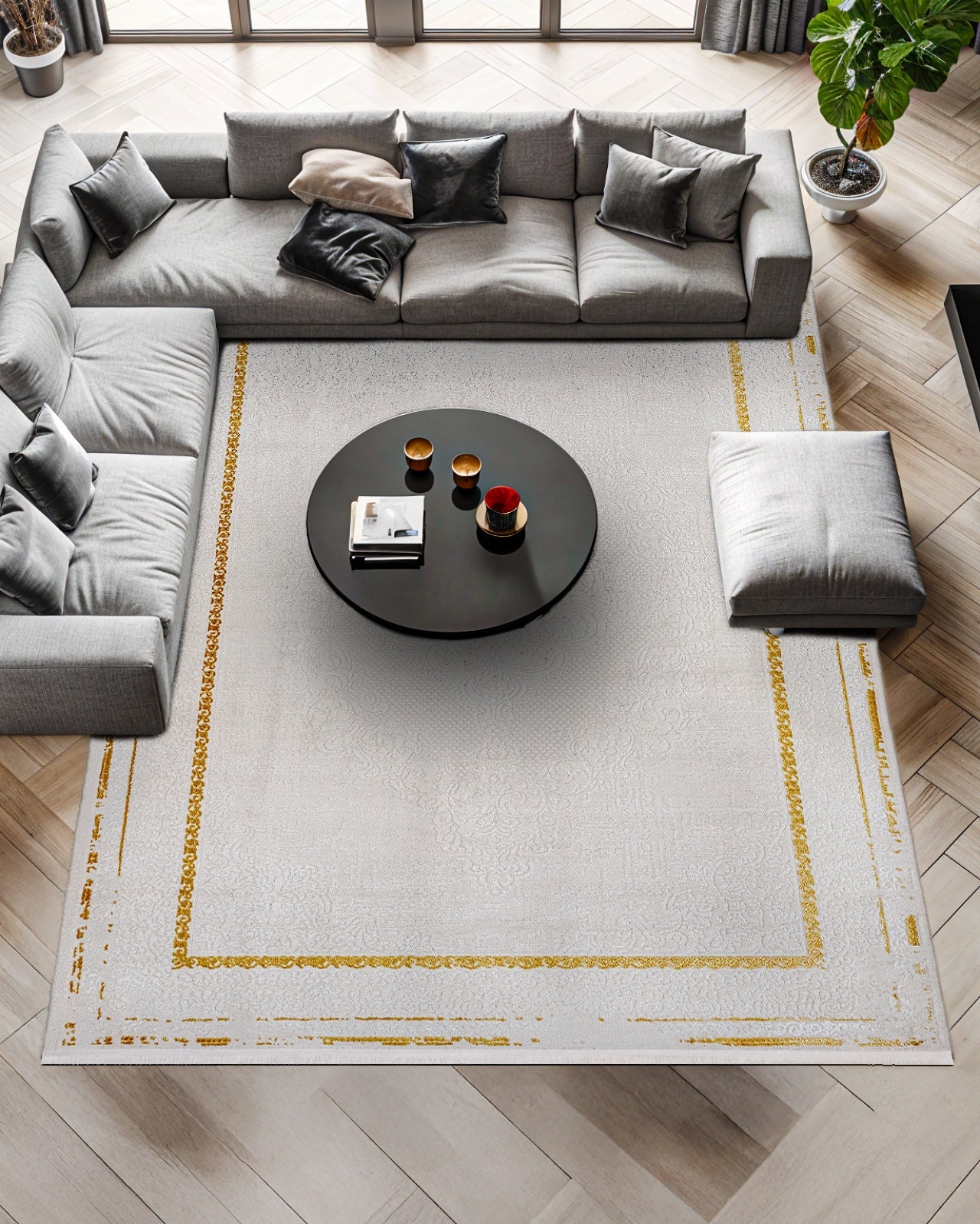 Beyaz Gold Bordürlü Minimalist Halı - Yıkanabilir - Kaymaz Taban - Pati Dostu