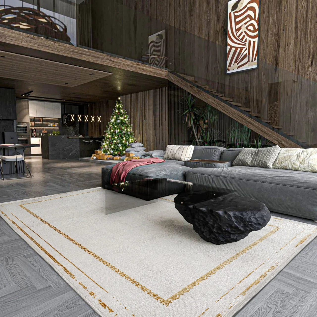 Beyaz Gold Bordürlü Minimalist Halı - Yıkanabilir - Kaymaz Taban - Pati Dostu