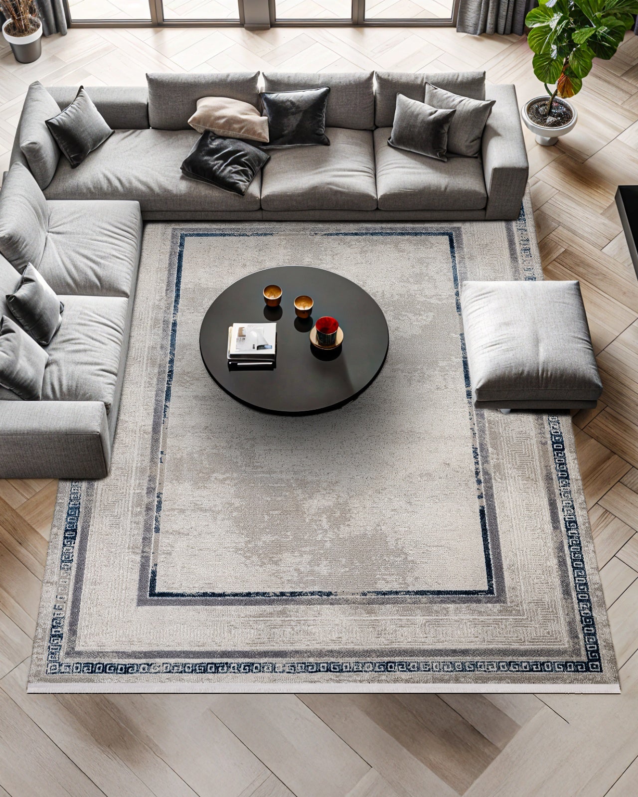 Bej Gri Bordürlü Minimalist Halı - Yıkanabilir - Kaymaz Taban - Pati Dostu