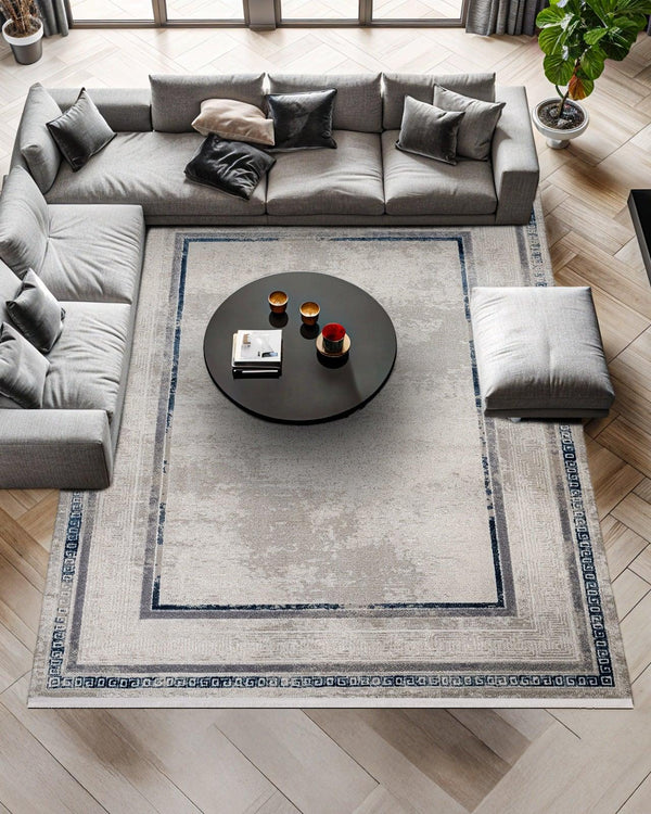 Bej Gri Bordürlü Minimalist Halı - Yıkanabilir - Kaymaz Taban - Pati Dostu