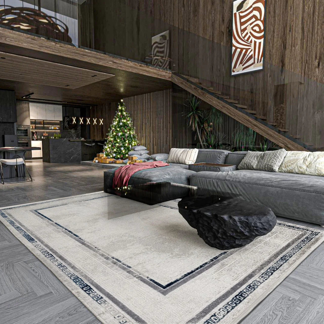 Bej Gri Bordürlü Minimalist Halı - Yıkanabilir - Kaymaz Taban - Pati Dostu