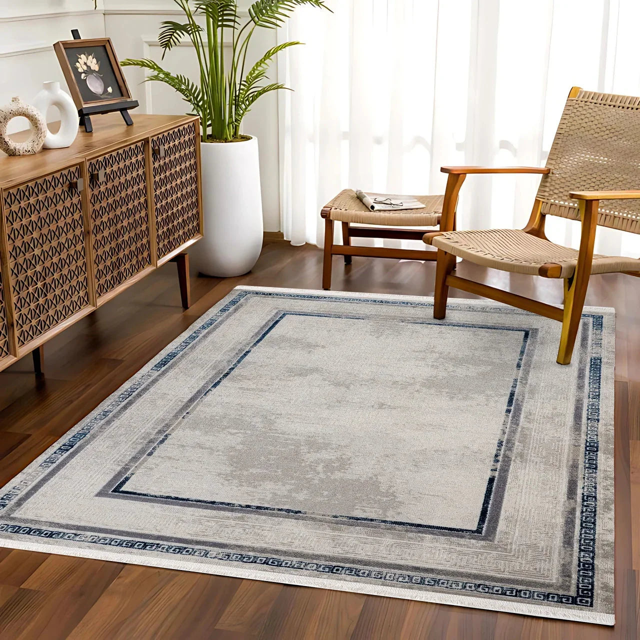 Bej Gri Bordürlü Minimalist Halı - Yıkanabilir - Kaymaz Taban - Pati Dostu