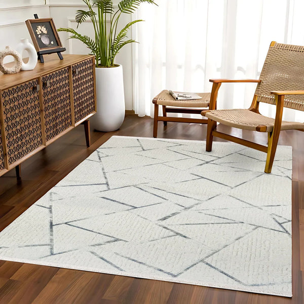 Beyaz Gri Geometrik Minimalist Halı - Yıkanabilir - Kaymaz Taban - Pati Dostu
