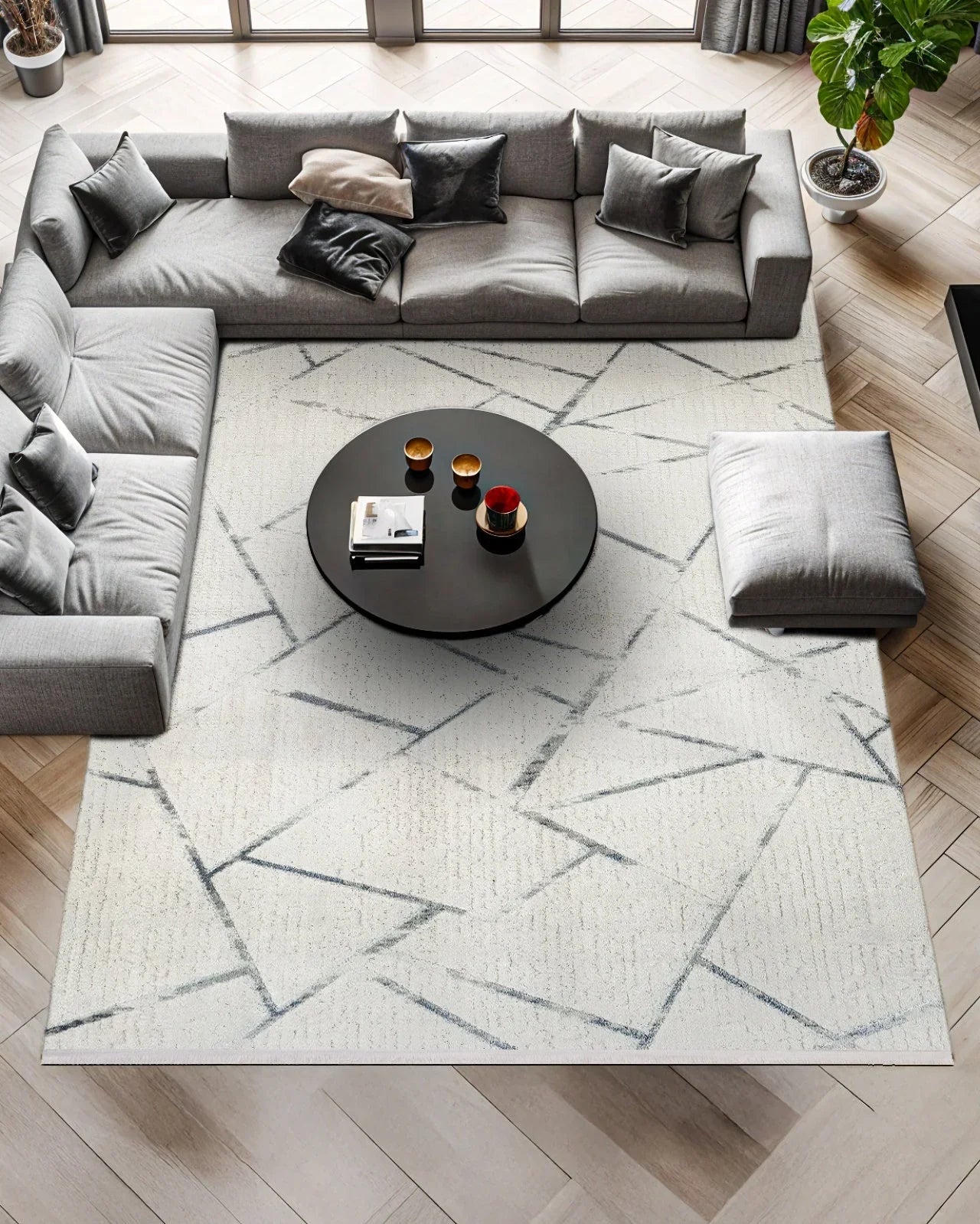 Beyaz Gri Geometrik Minimalist Halı - Yıkanabilir - Kaymaz Taban - Pati Dostu