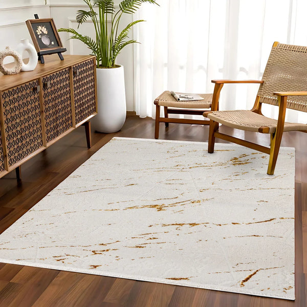 Bej Gold Dokulu Mermer Desenli Halı - Yıkanabilir - Kaymaz Taban - Pati Dostu