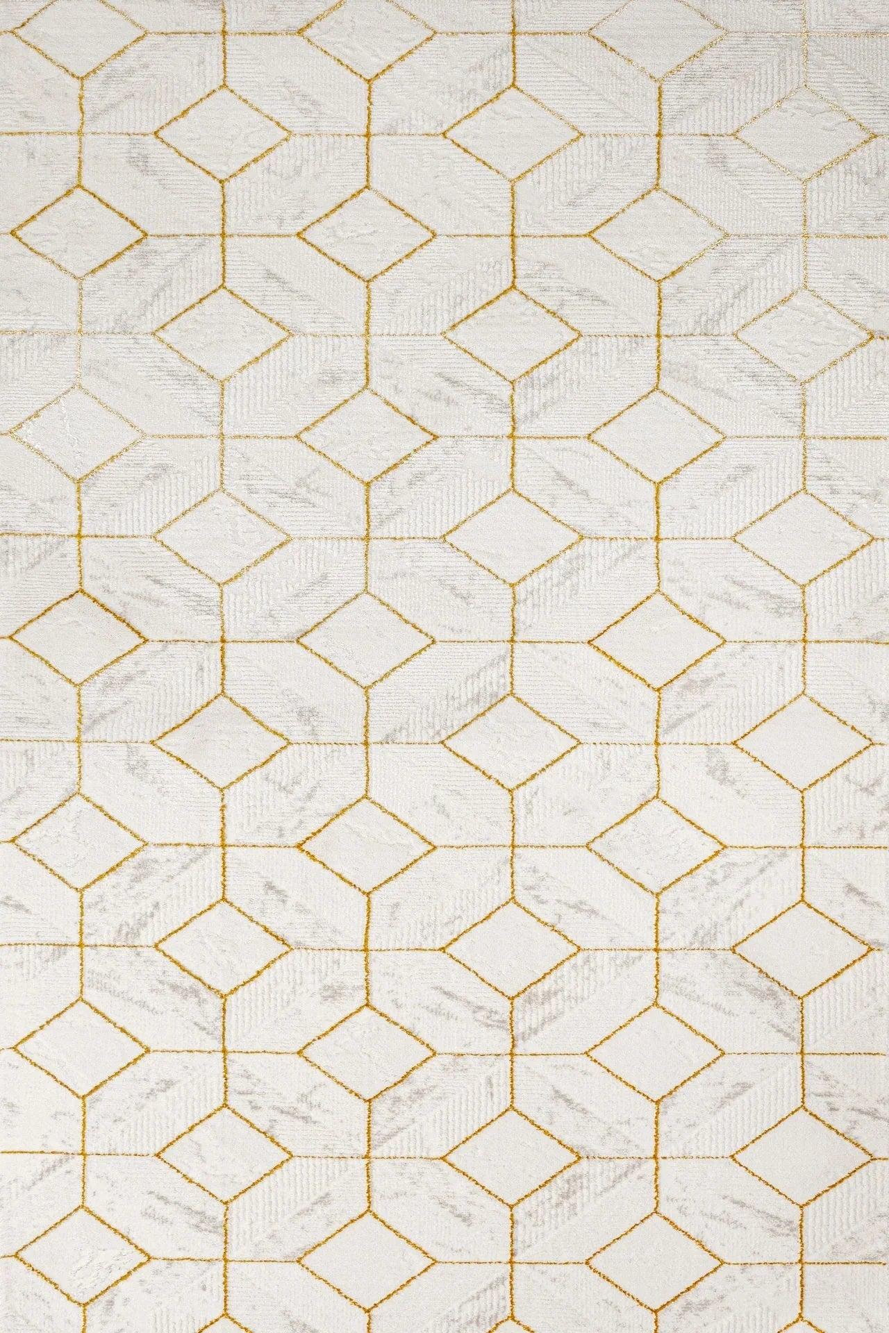Beyaz Gold Baklava Geometrik Halı - Yıkanabilir - Kaymaz Taban - Pati Dostu