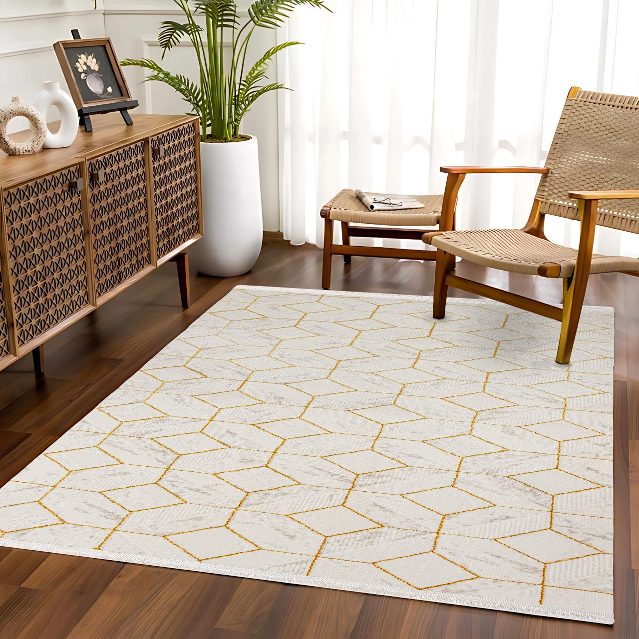 Beyaz Gold Baklava Geometrik Halı - Yıkanabilir - Kaymaz Taban - Pati Dostu