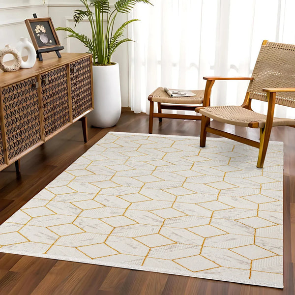 Beyaz Gold Baklava Geometrik Halı - Yıkanabilir - Kaymaz Taban - Pati Dostu