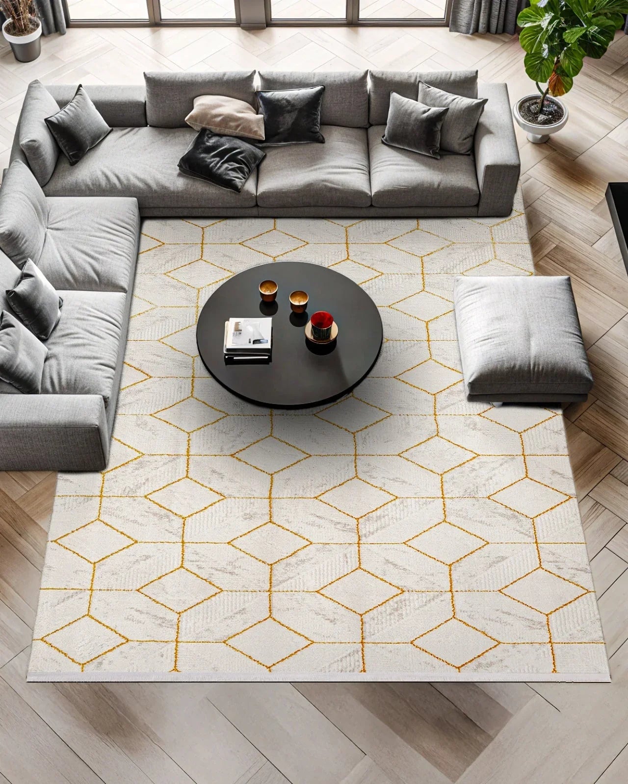 Beyaz Gold Baklava Geometrik Halı - Yıkanabilir - Kaymaz Taban - Pati Dostu