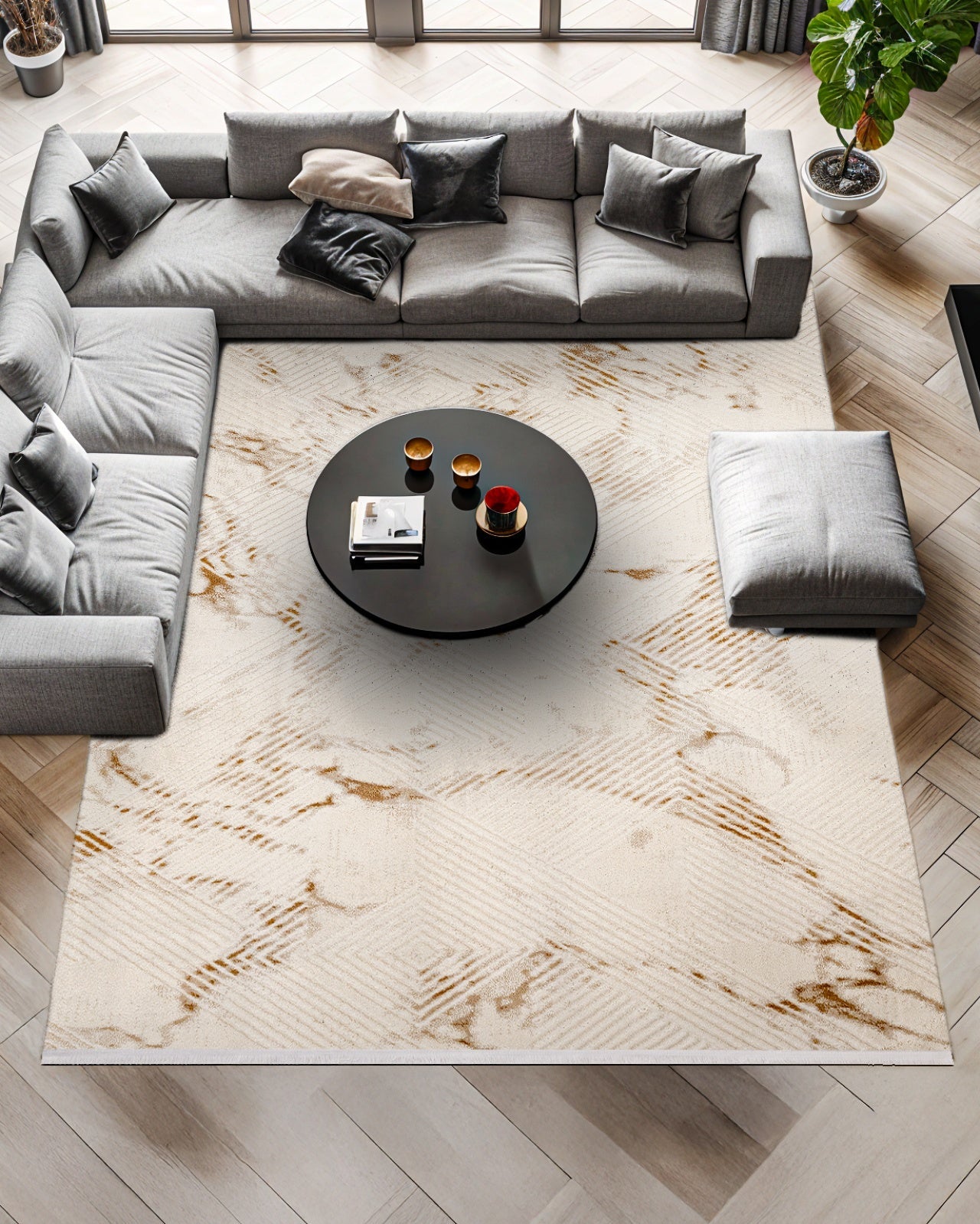 Bej Krem Dokulu Mermer Desenli Halı - Yıkanabilir - Kaymaz Taban - Pati Dostu