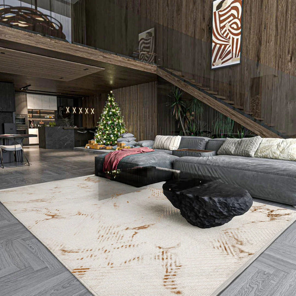 Bej Krem Dokulu Mermer Desenli Halı - Yıkanabilir - Kaymaz Taban - Pati Dostu