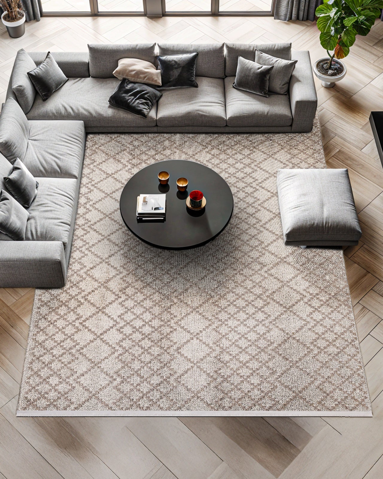 Bej Vizon Baklava Elmas Desenli Halı - Yıkanabilir - Kaymaz Taban - Pati Dostu