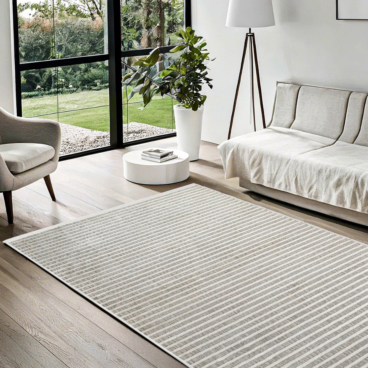 Bej Gri Minimalist Modern Halı - Yıkanabilir - Kaymaz Taban - Pati Dostu