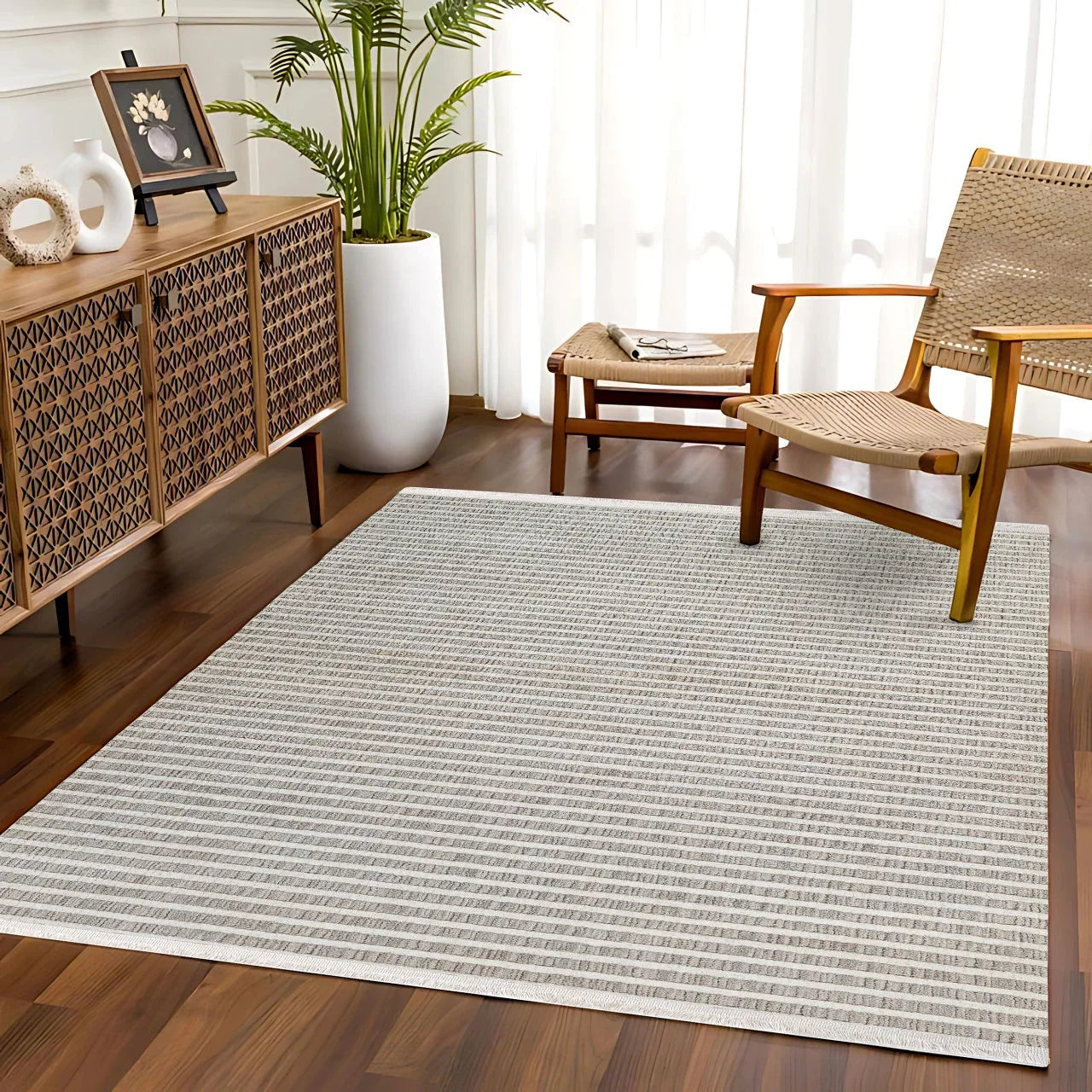 Bej Gri Minimalist Modern Halı - Yıkanabilir - Kaymaz Taban - Pati Dostu