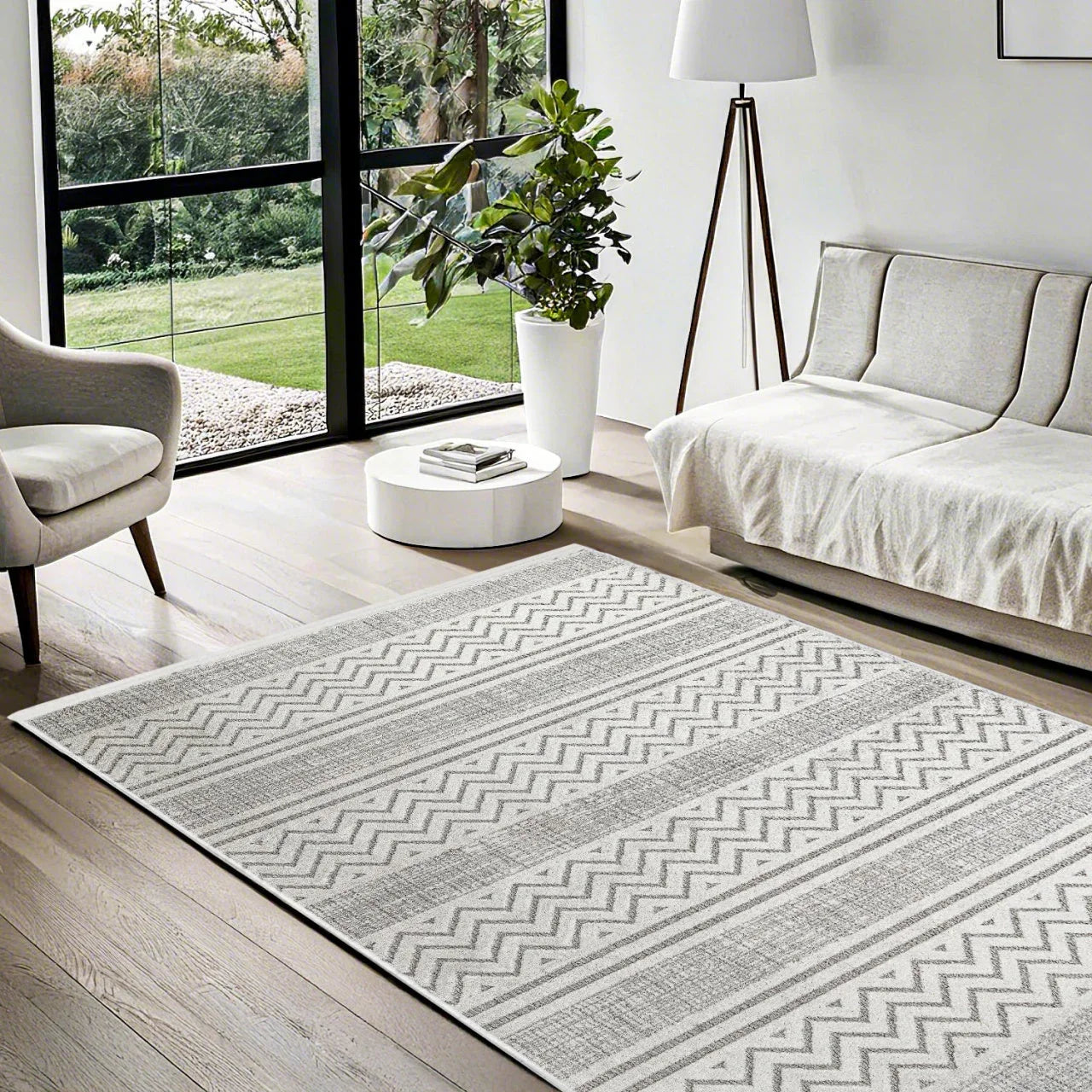 Beyaz Gri Geometrik Minimalist Halı - Yıkanabilir - Kaymaz Taban - Pati Dostu
