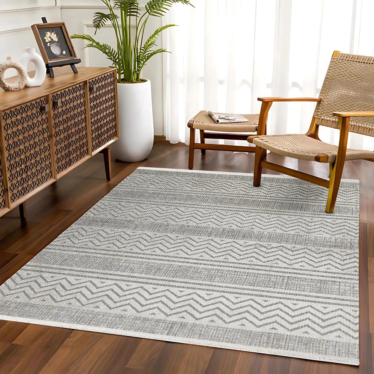 Beyaz Gri Geometrik Minimalist Halı - Yıkanabilir - Kaymaz Taban - Pati Dostu