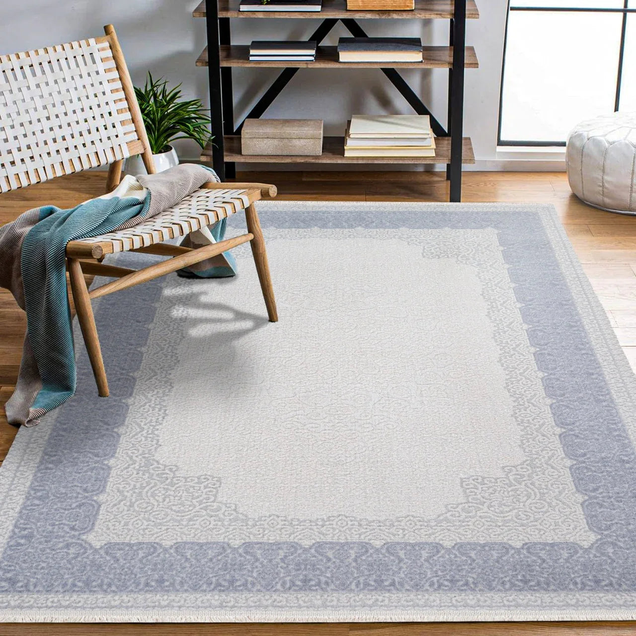 Gri Mavi Bordürlü Minimalist Halı - Yıkanabilir - Kaymaz Taban - Pati Dostu