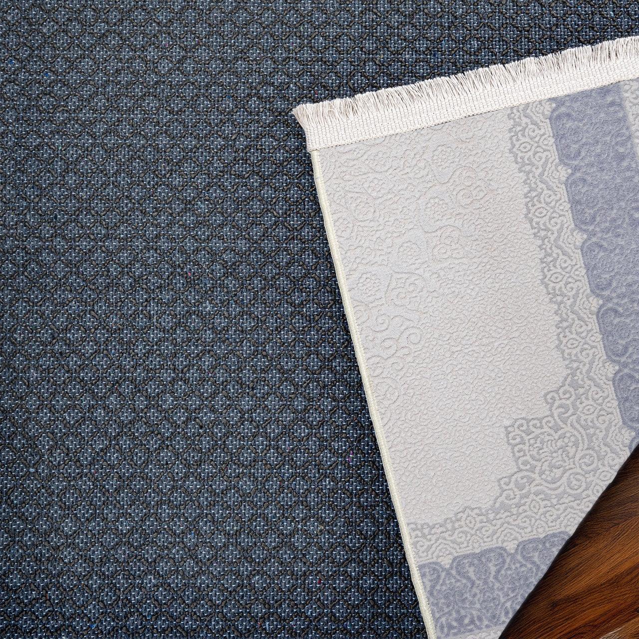 Gri Mavi Bordürlü Minimalist Halı - Yıkanabilir - Kaymaz Taban - Pati Dostu