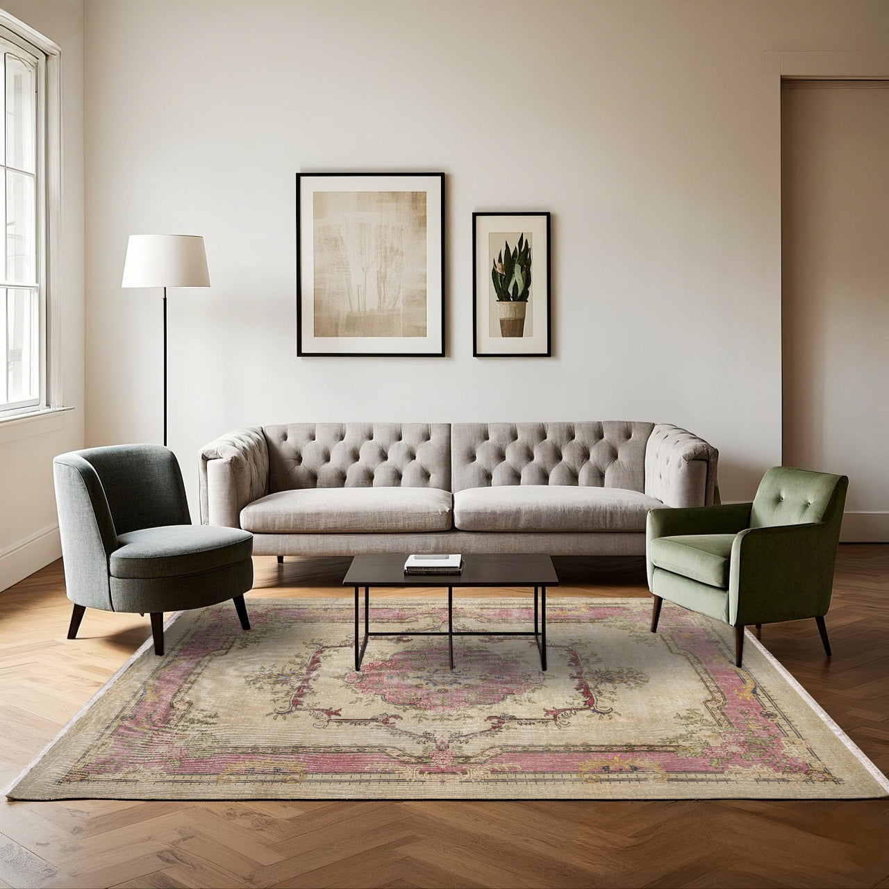 Vintage Bej Göbekli Yün ve Pamuk El Dokuma Halı 210x315