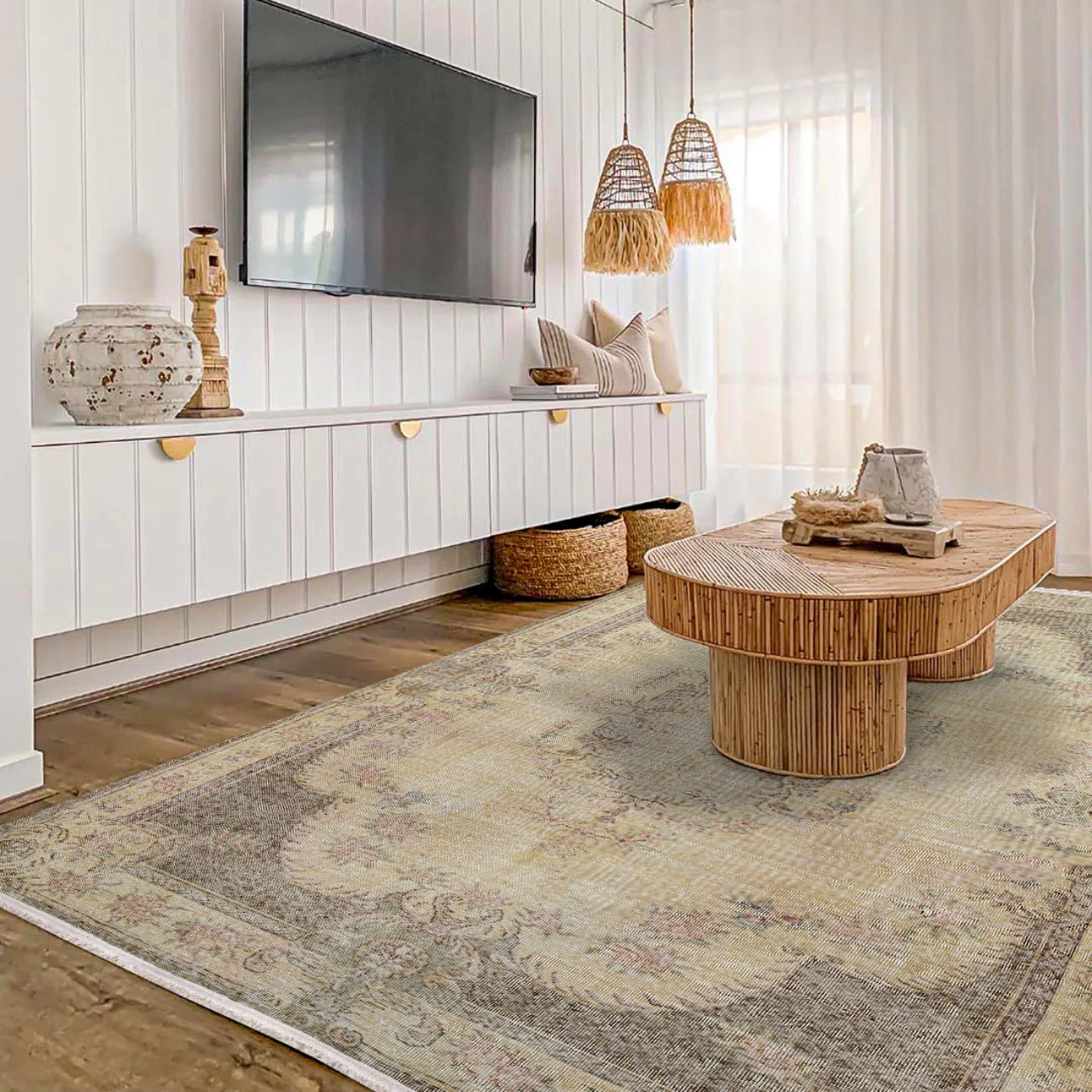 Vintage Bej Göbekli Yün ve Pamuk El Dokuma Halı 168x280