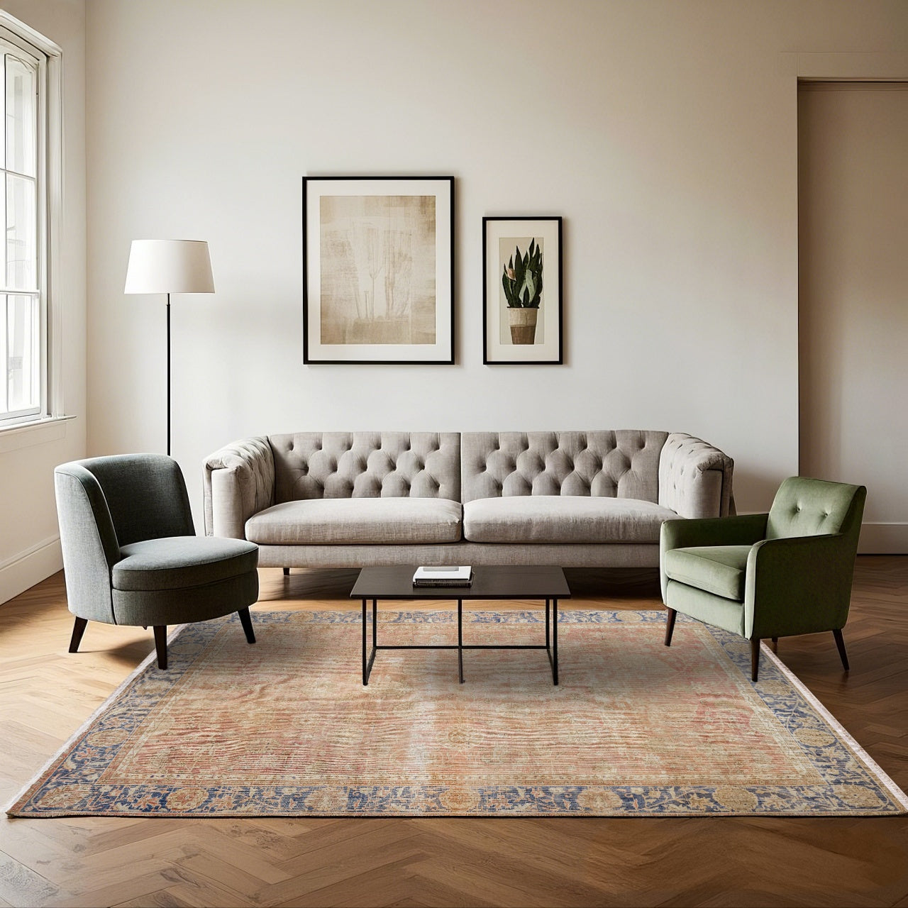 Vintage Lacivert Çerçeveli Yün ve Pamuk El Dokuma Halı 197x327