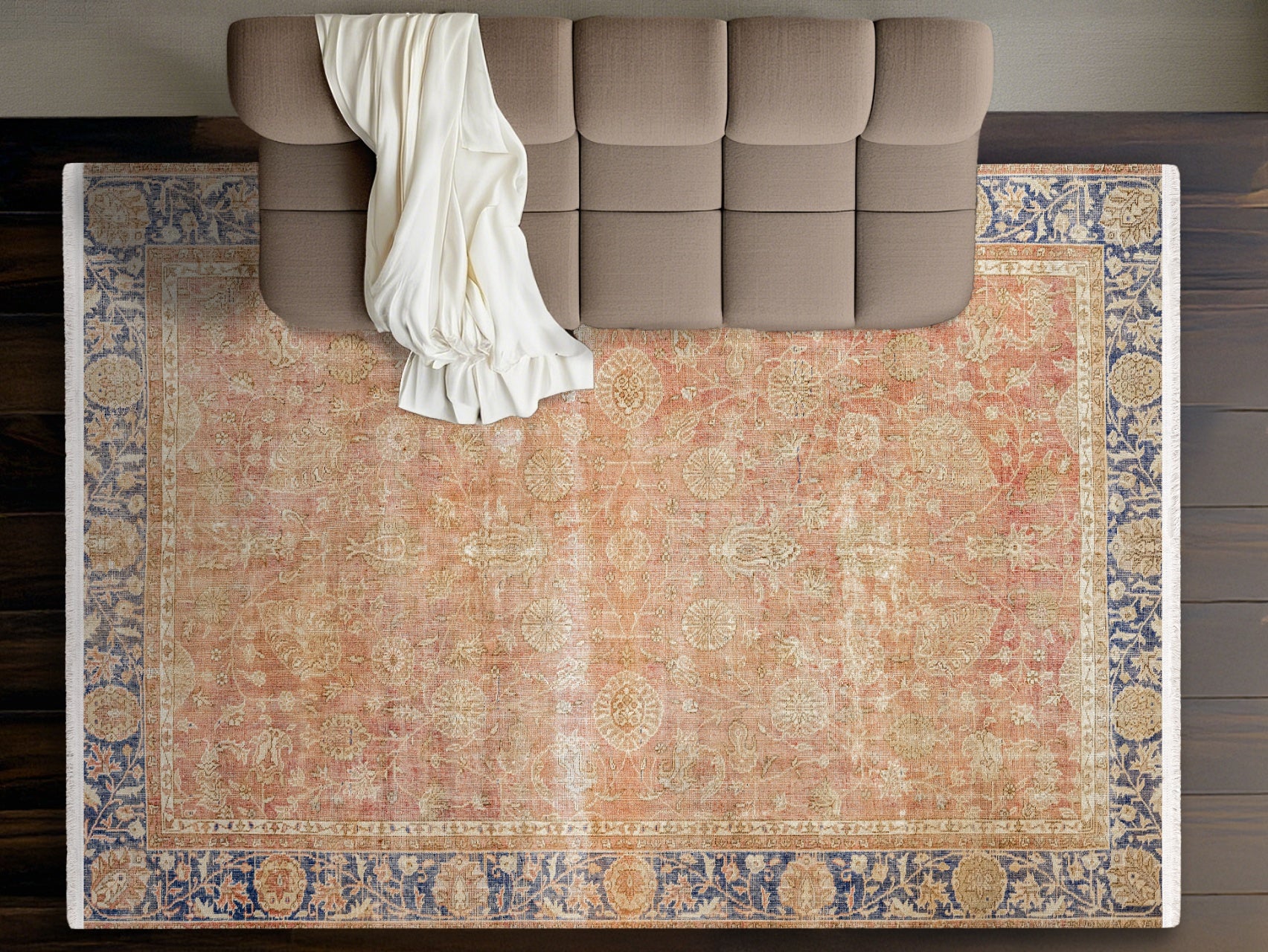 Vintage Lacivert Çerçeveli Yün ve Pamuk El Dokuma Halı 197x327