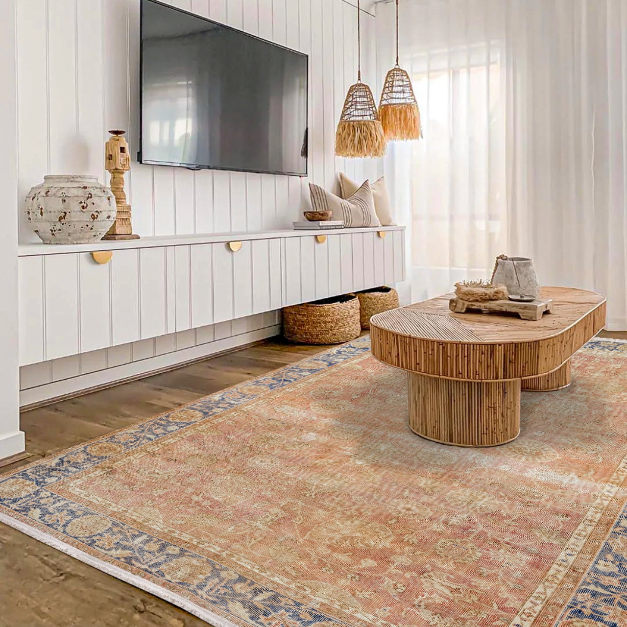 Vintage Lacivert Çerçeveli Yün ve Pamuk El Dokuma Halı 197x327