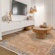 Vintage Lacivert Çerçeveli Yün ve Pamuk El Dokuma Halı 197x327