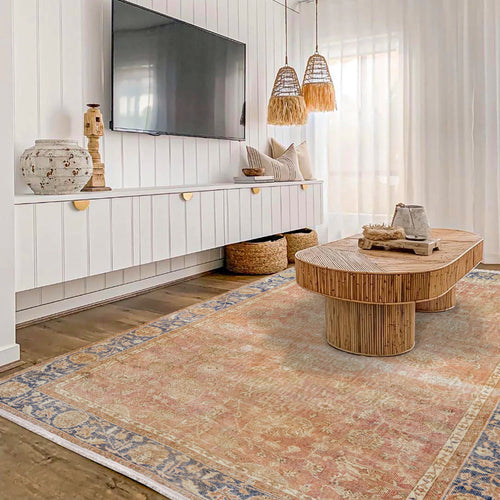 Vintage Lacivert Çerçeveli Yün ve Pamuk El Dokuma Halı 197x327