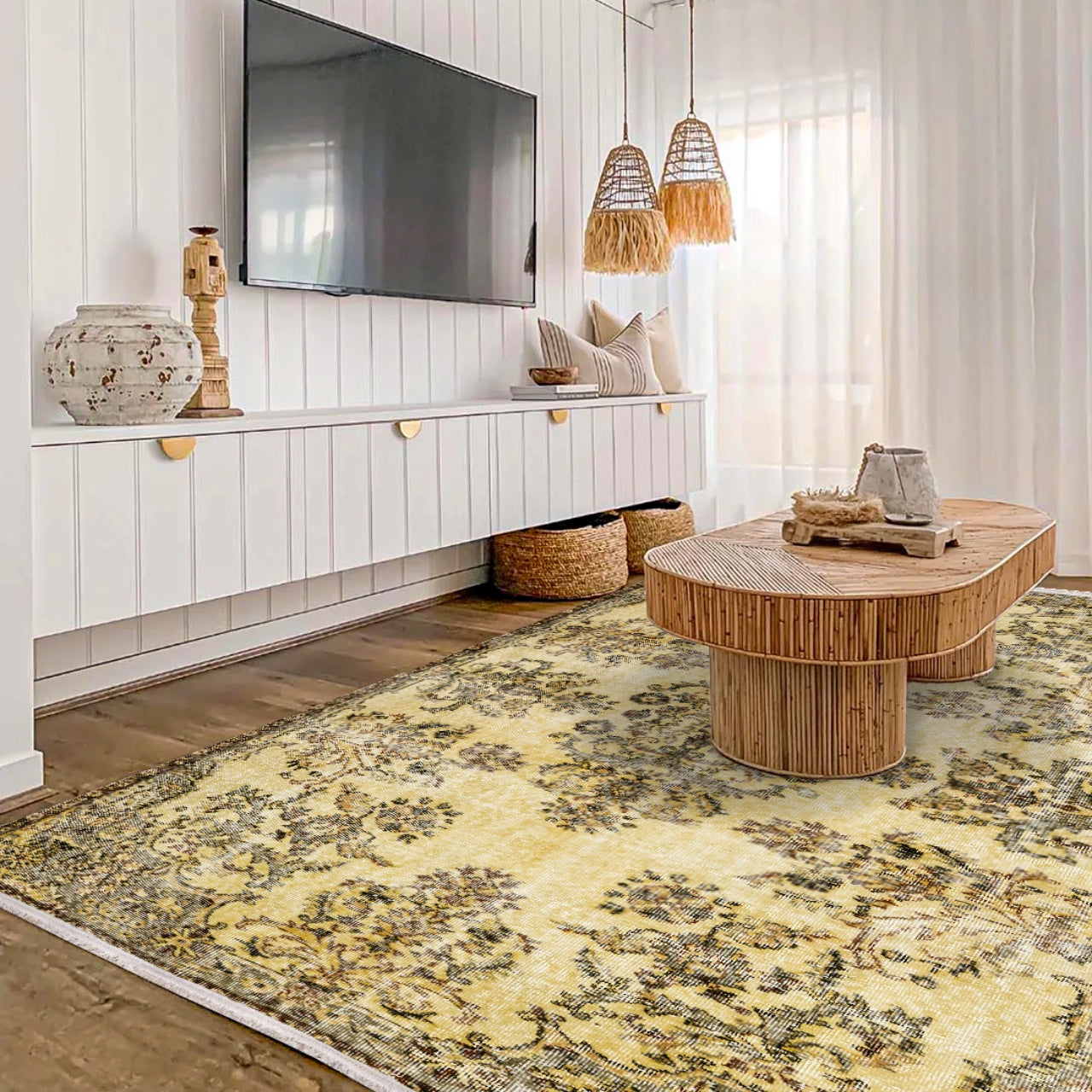 Vintage Kahverengi Göbekli Yün ve Pamuk El Dokuma Halı 184x294