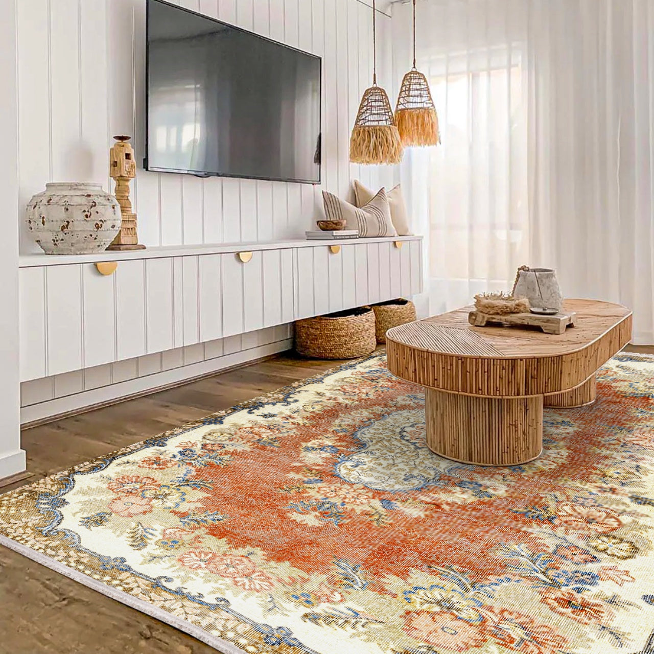 Vintage Kırmızı Göbekli Yün ve Pamuk El Dokuma Halı 173x299