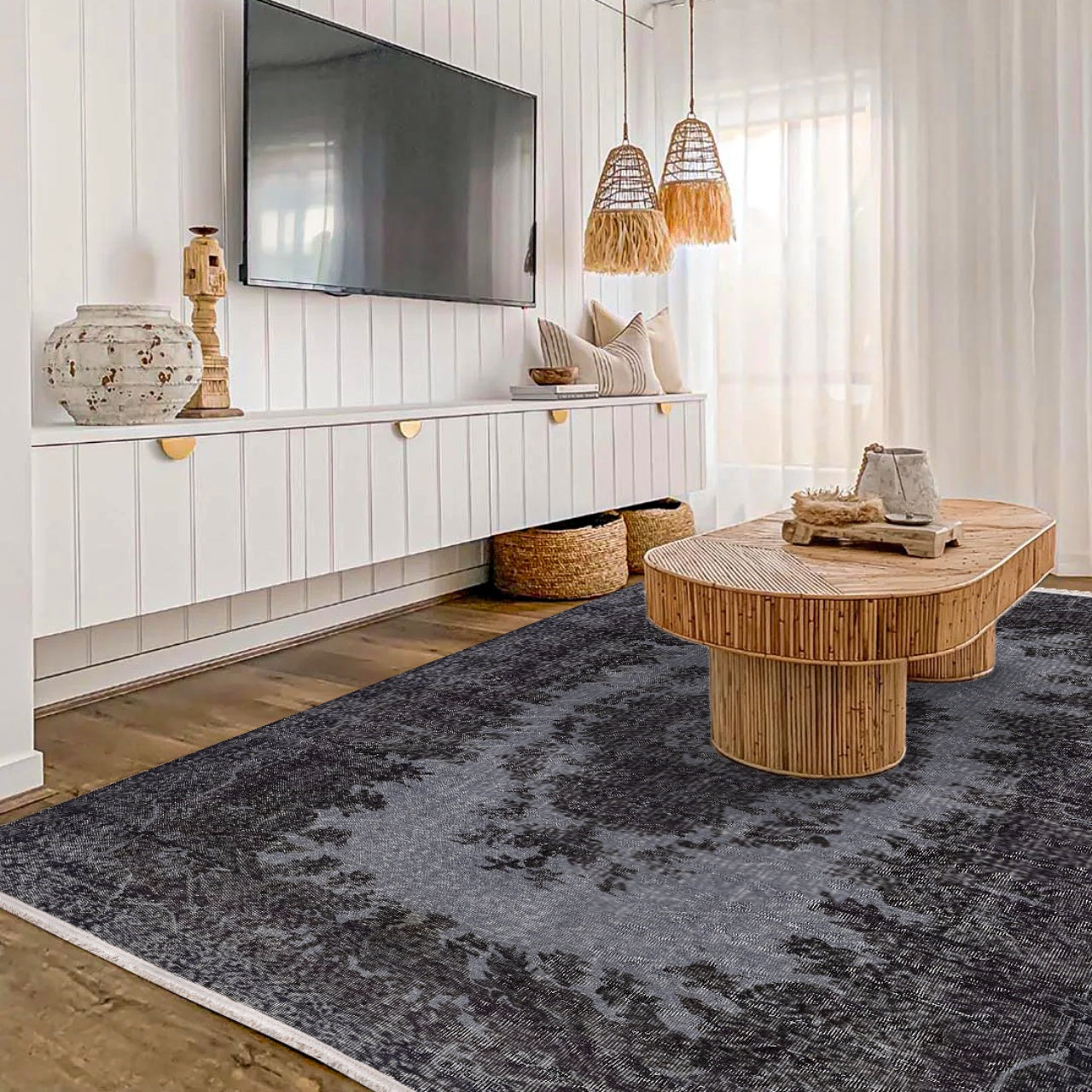 Vintage Siyah Göbekli Yün ve Pamuk El Dokuma Halı 171x289