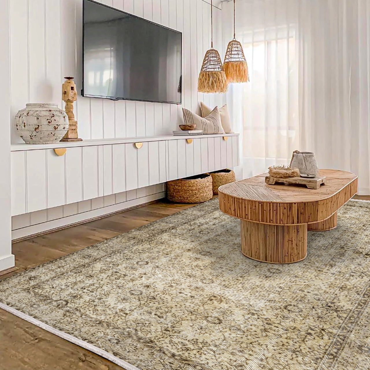 Vintage Kahverengi Göbekli Yün ve Pamuk El Dokuma Halı 176x294