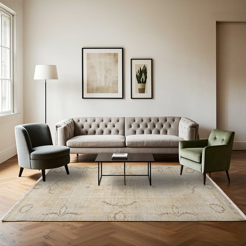 Vintage Bej Eskitme Yün ve Pamuk El Dokuma Halı 169x291