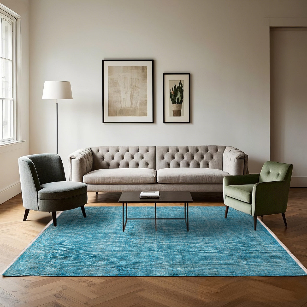 Vintage Turkuaz Eskitme Yün ve Pamuk El Dokuma Halı 173x304