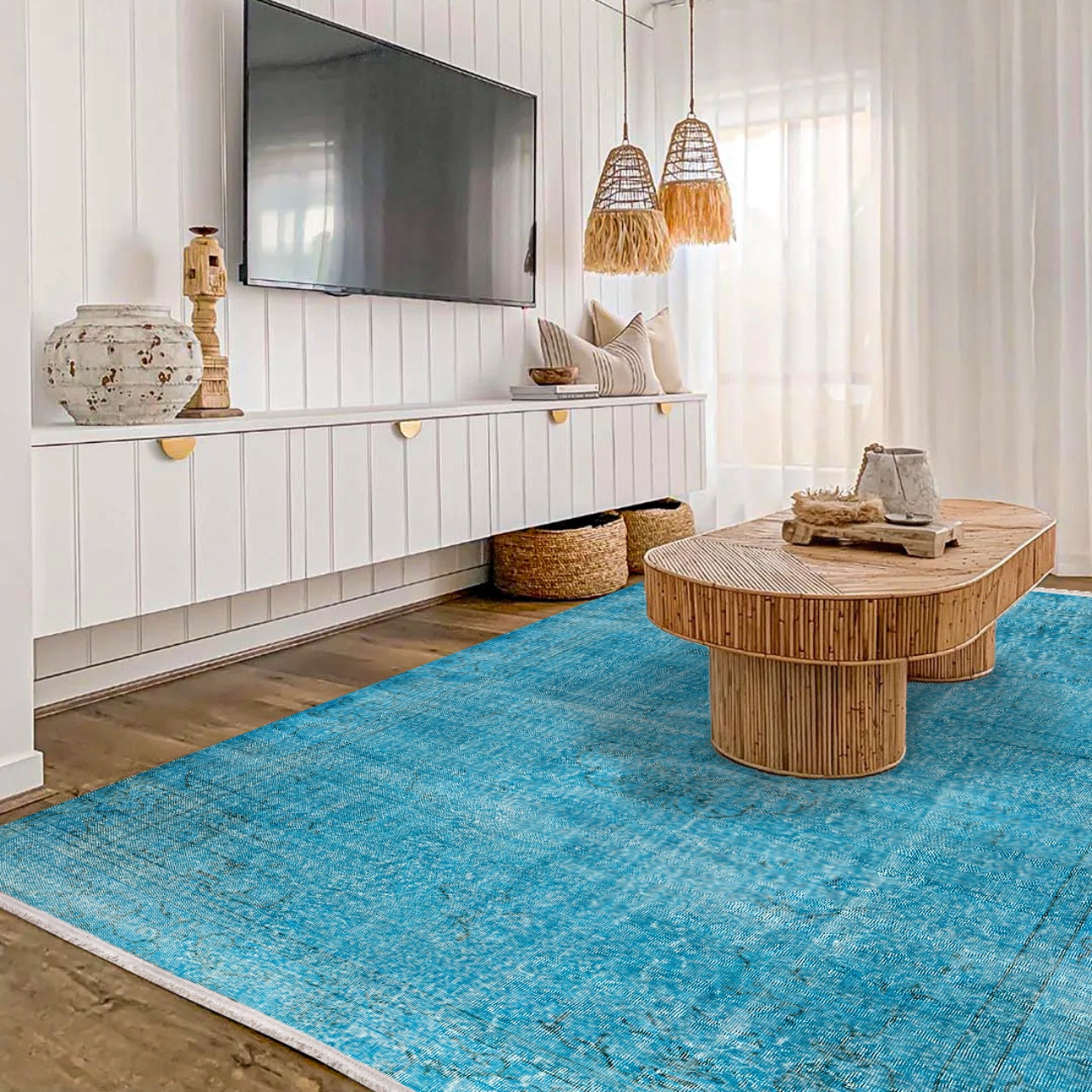 Vintage Turkuaz Eskitme Yün ve Pamuk El Dokuma Halı 173x304