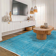 Vintage Turkuaz Eskitme Yün ve Pamuk El Dokuma Halı 173x304