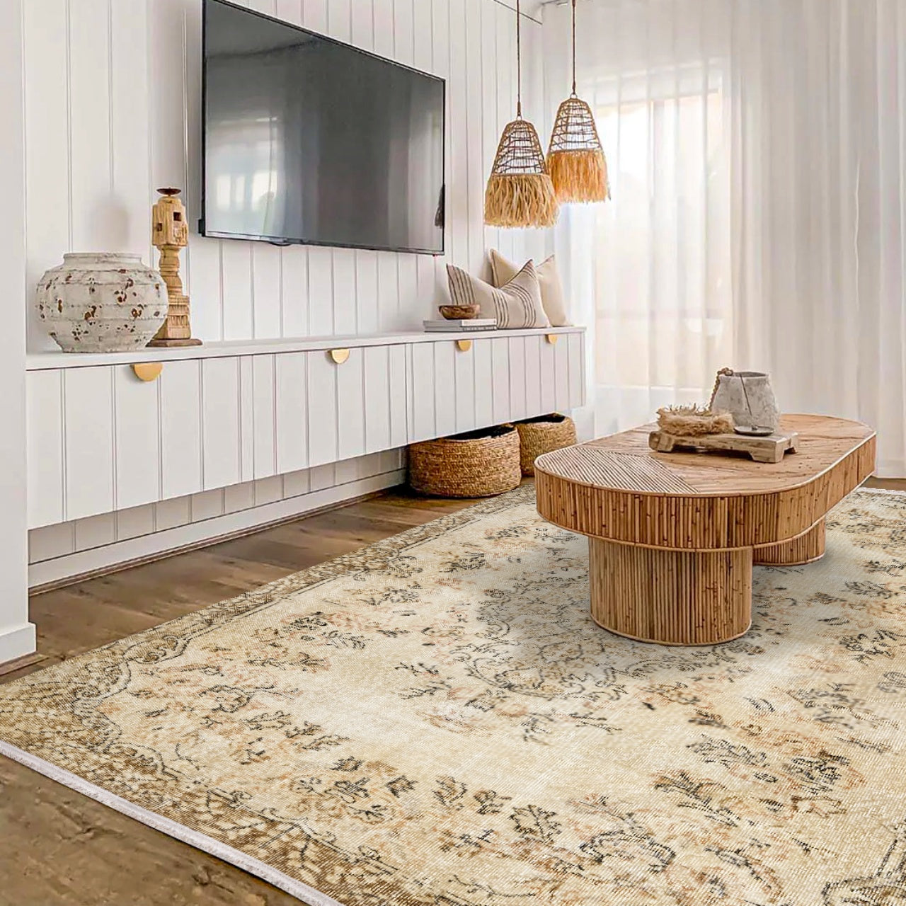 Vintage Kahverengi Göbekli Yün ve Pamuk El Dokuma Halı 184x296