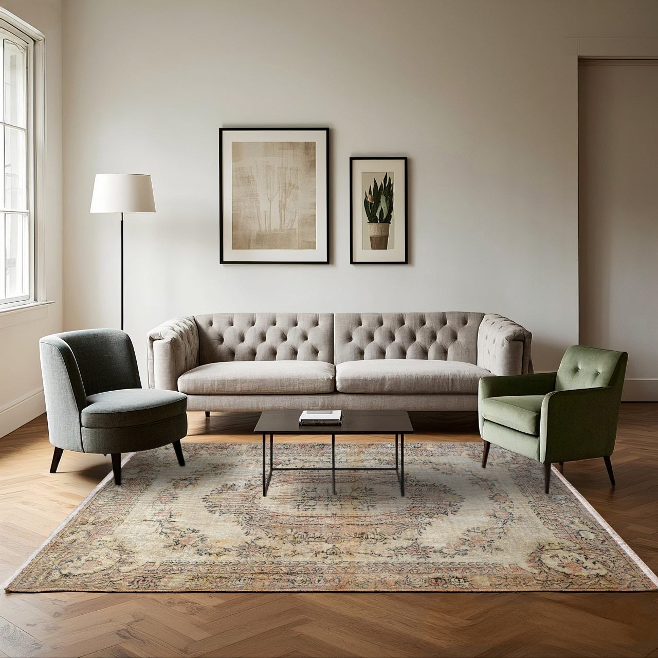 Vintage Krem Göbekli Yün ve Pamuk El Dokuma Halı 191x291