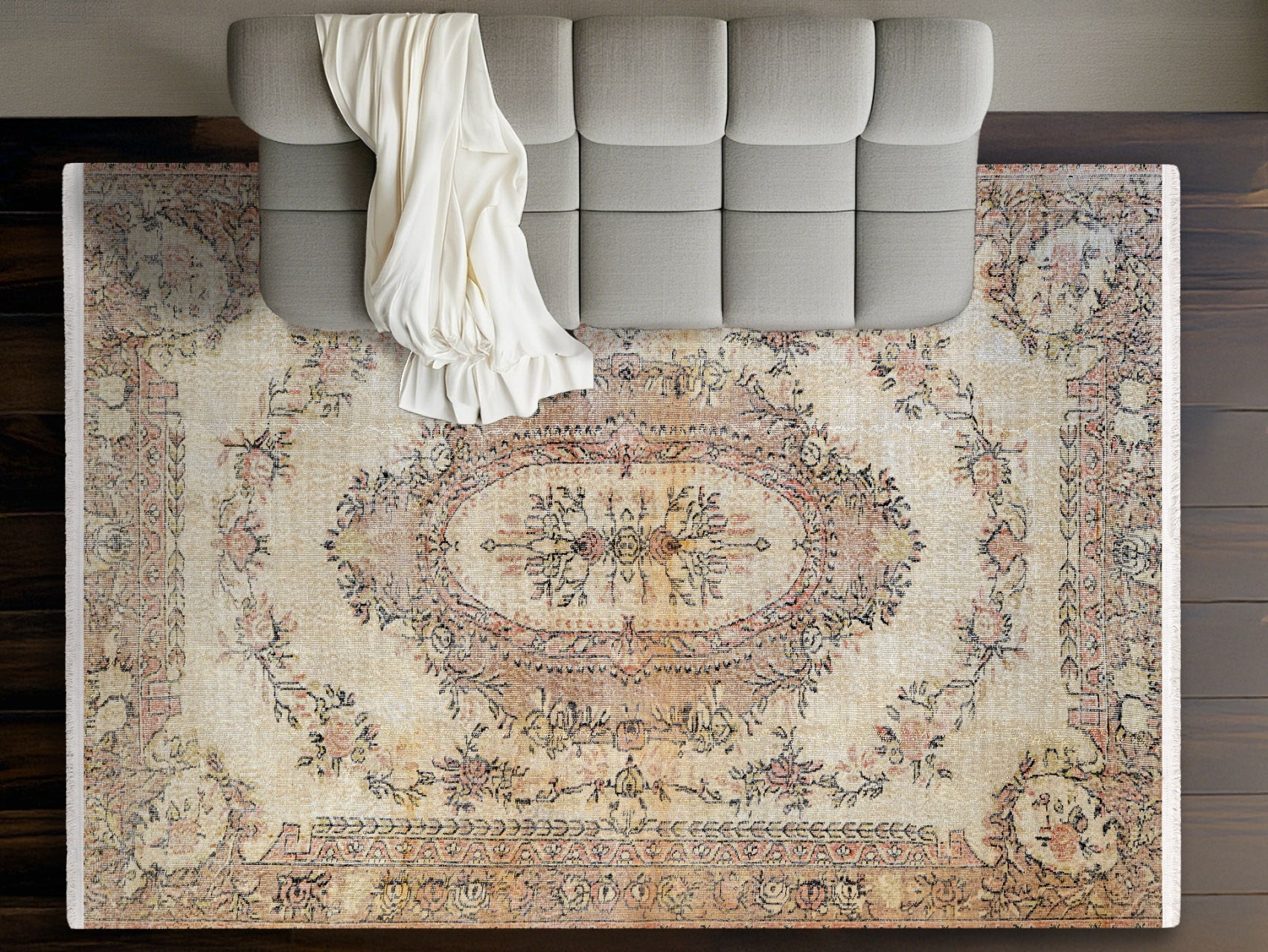 Vintage Krem Göbekli Yün ve Pamuk El Dokuma Halı 191x291