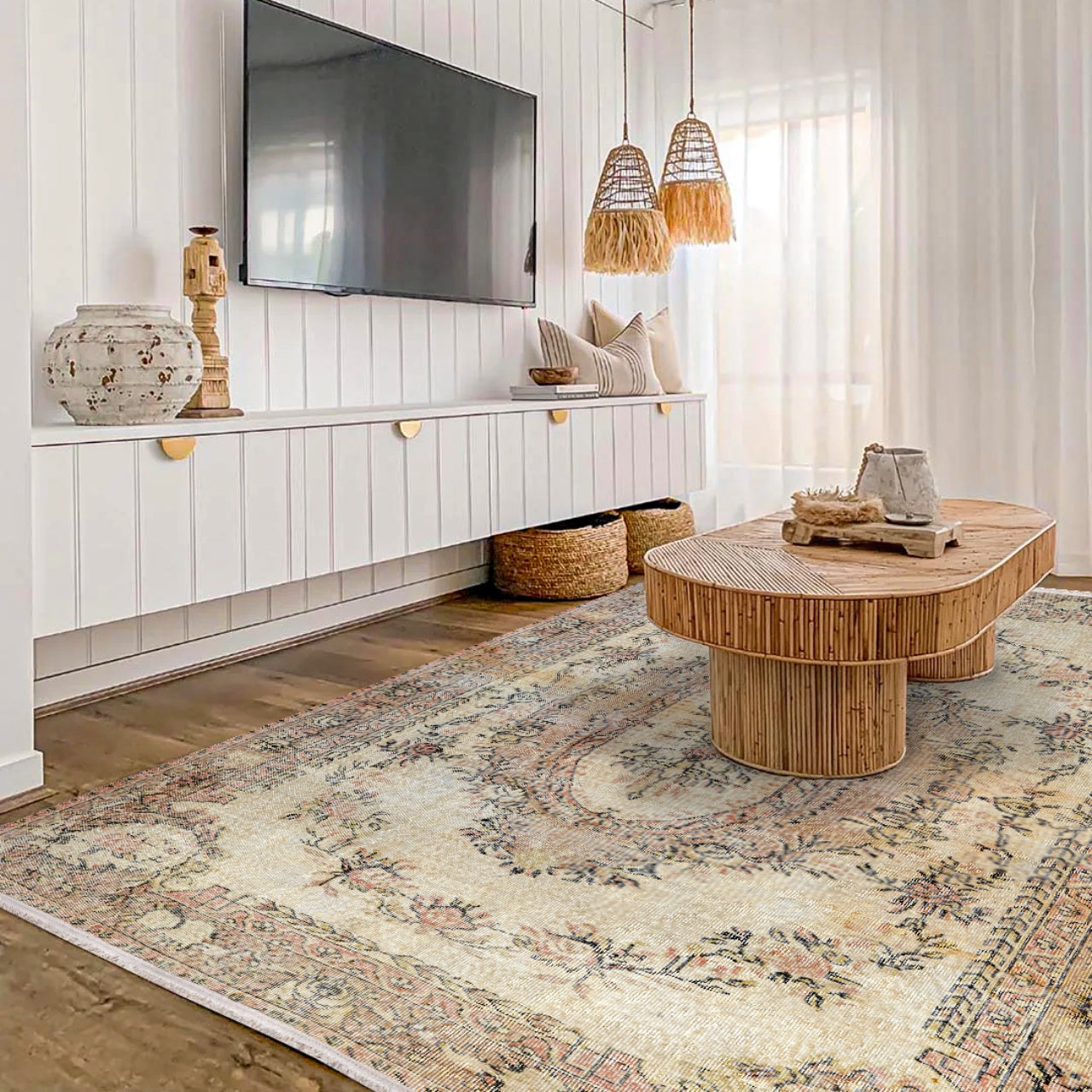 Vintage Krem Göbekli Yün ve Pamuk El Dokuma Halı 191x291