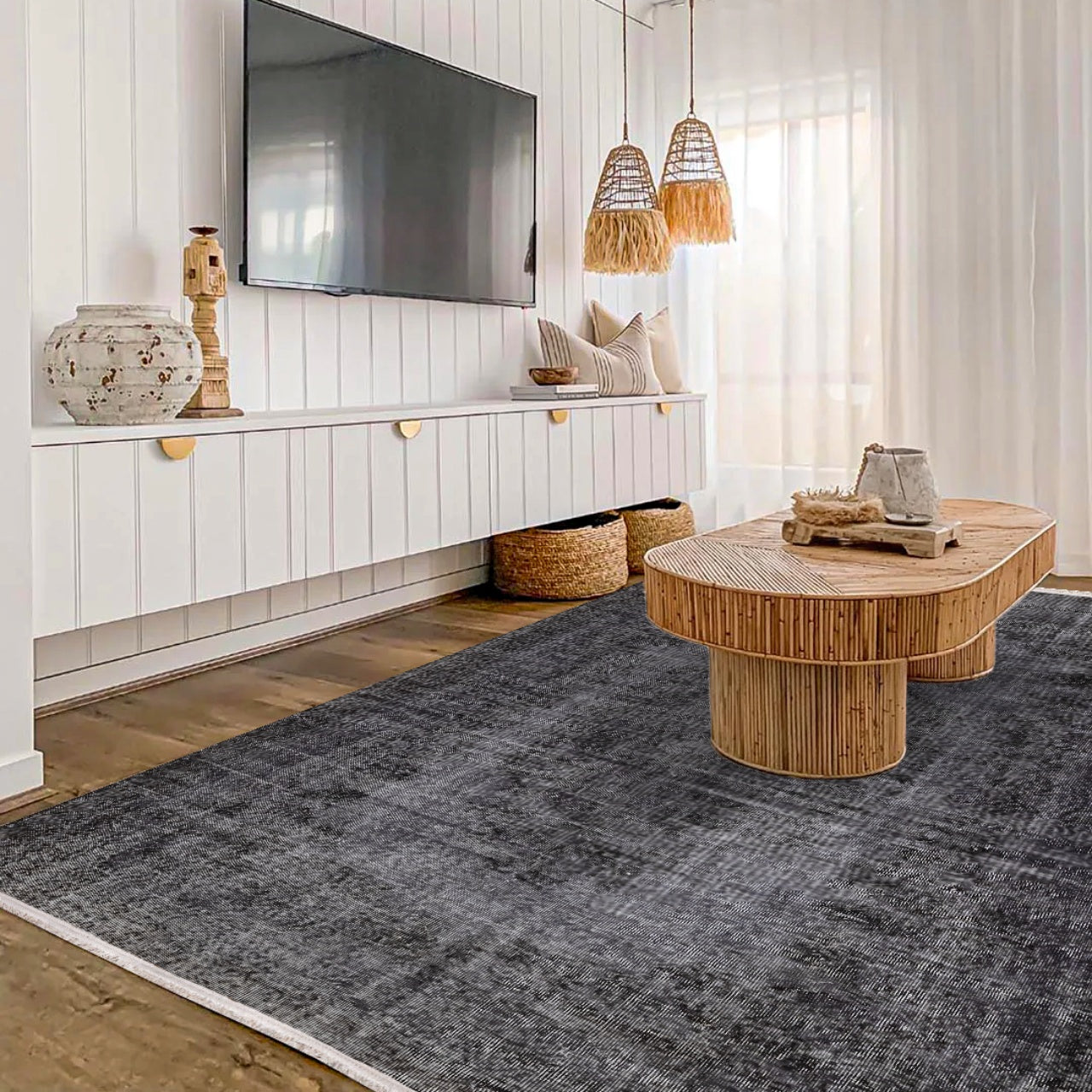 Vintage Siyah Göbekli Yün ve Pamuk El Dokuma Halı 153x265