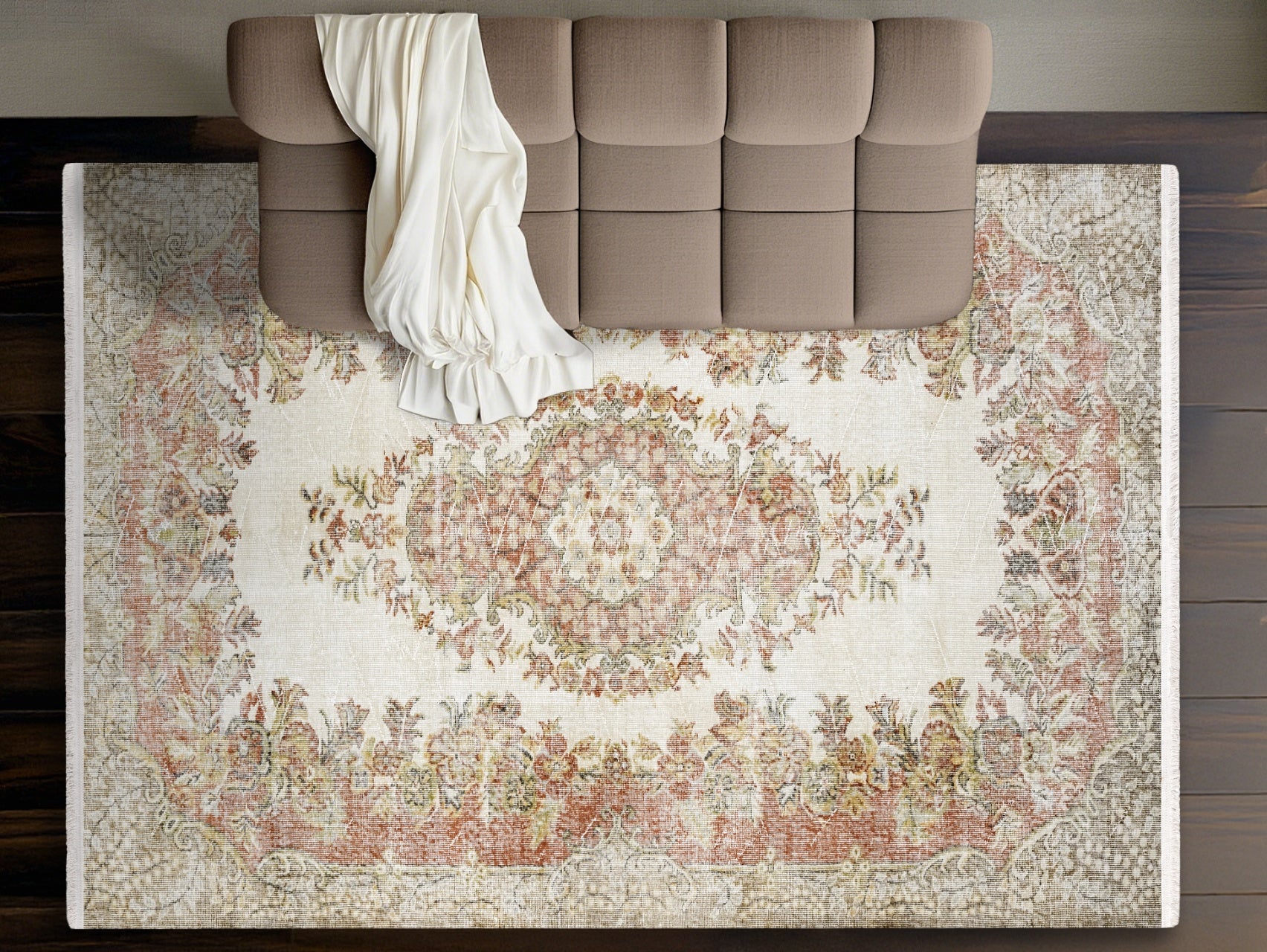 Vintage Krem Göbekli Yün ve Pamuk El Dokuma Halı 157x282