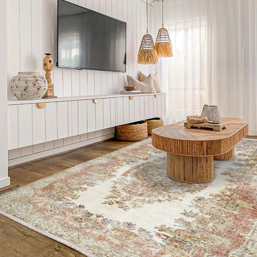 Vintage Krem Göbekli Yün ve Pamuk El Dokuma Halı 157x282