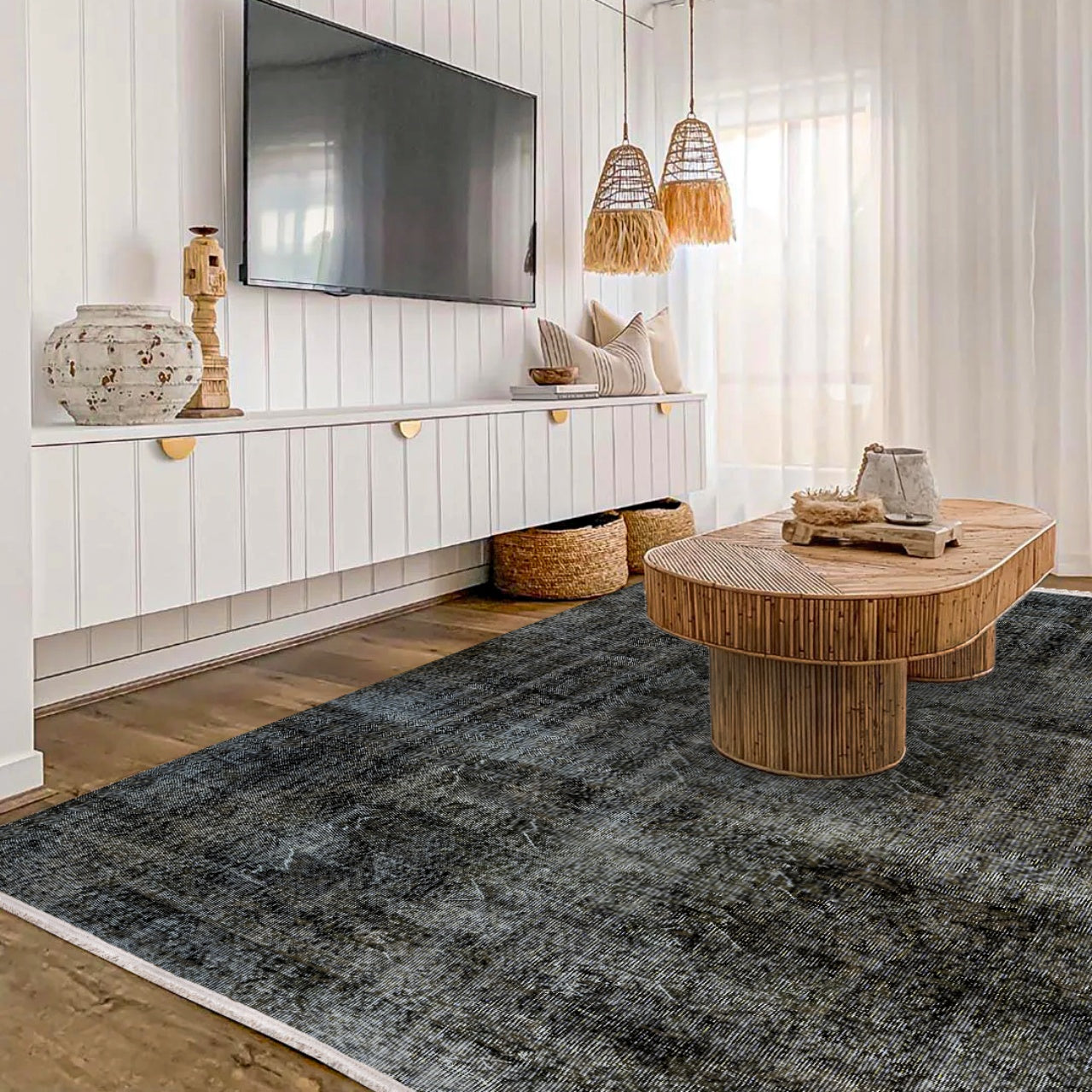 Vintage Siyah Eskitme Yün ve Pamuk El Dokuma Halı 193x300