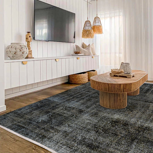 Vintage Siyah Eskitme Yün ve Pamuk El Dokuma Halı 193x300