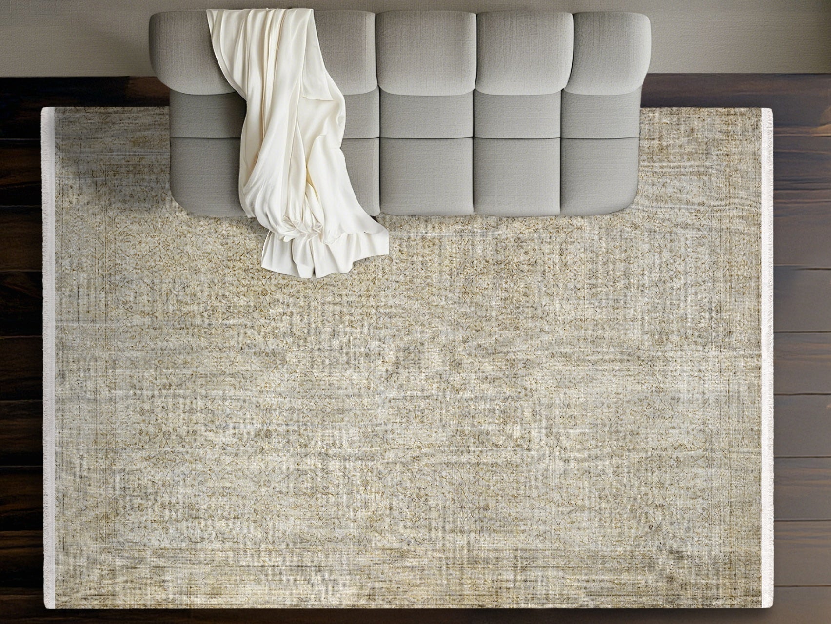 Vintage Bej Eskitme Yün ve Pamuk El Dokuma Halı 200x300